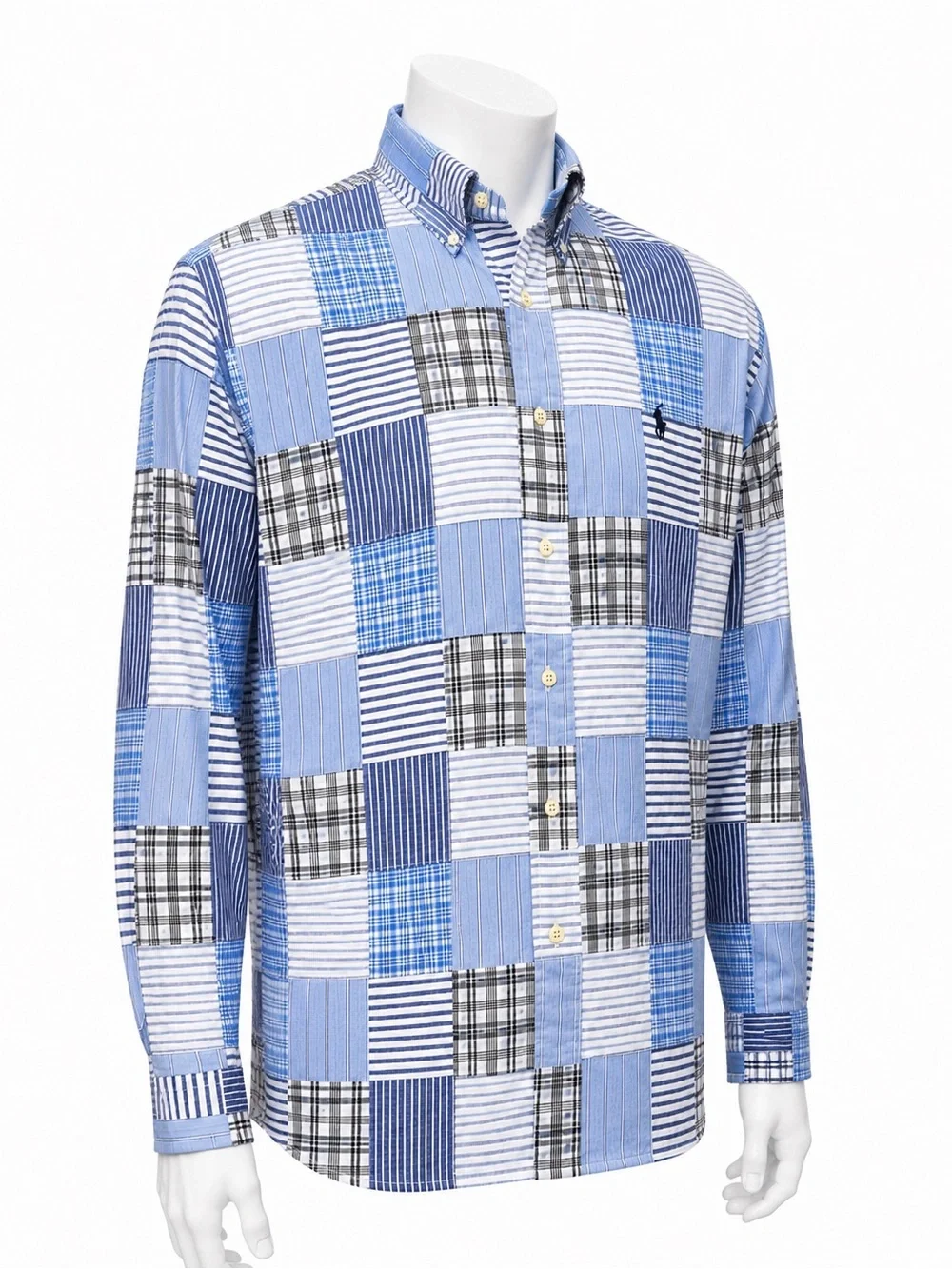 Vintage Ralph Lauren Blaire Blue White Grey Plaid Madras Patchwork LS Shirt SM
